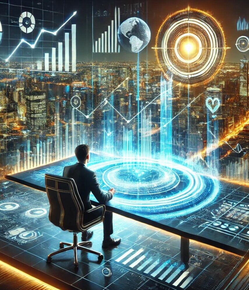 digital ai picture of a man sitting on his desk
